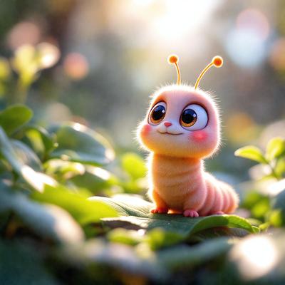 The primary subject of the image is a small, cute, and colorful caterpillar. It is sitting on a leaf in a green, leafy environment. The visual style of the image is a digital art or illustration, with the caterpillar being the main focus of the scene. The colors and mood of the image are bright, cheerful, and lively, with the caterpillar being the center of attention.